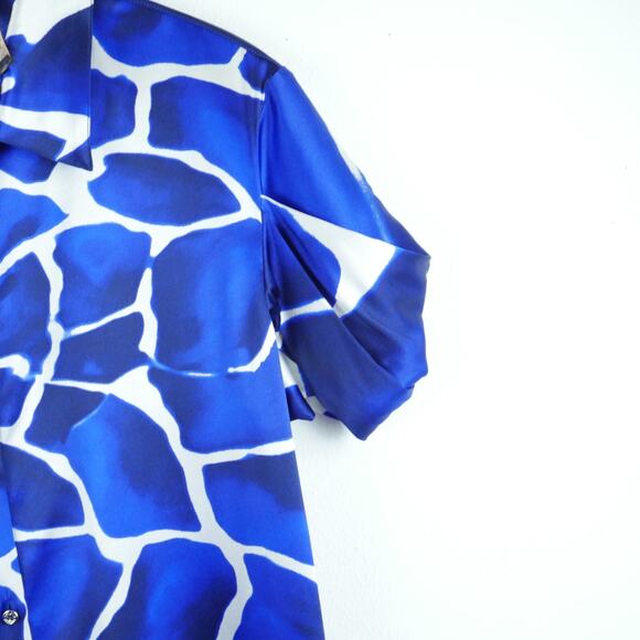 Roberto Cavalli 48 Blouse 100% Silk Blue Print Statement Sleeve Luxury Elegant - Picture 8 of 12